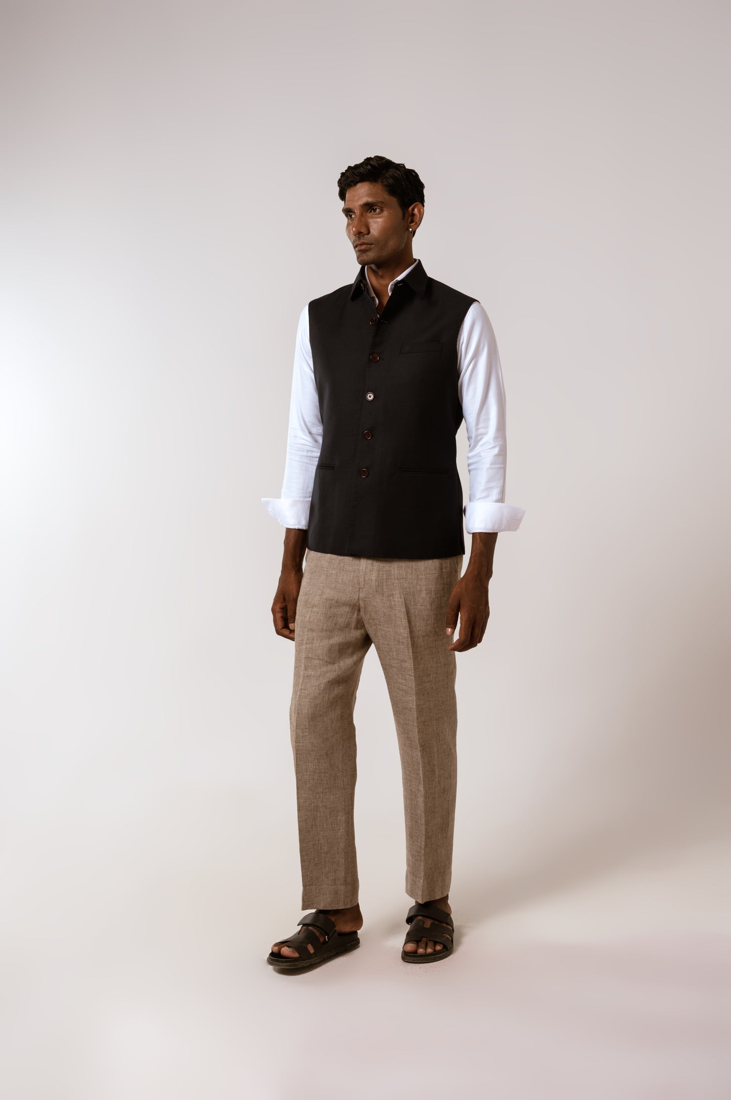 Collared Sadri In Navy Blue Tropical Wool