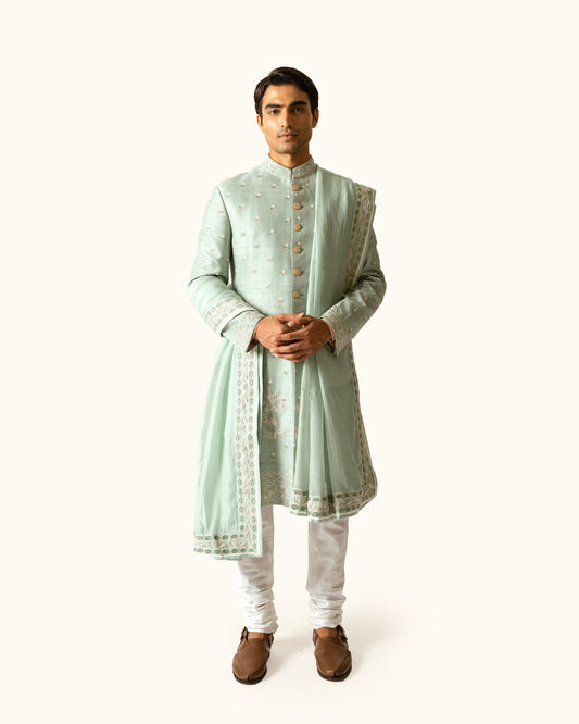 Sage Green Floral Achkan in Raw Silk