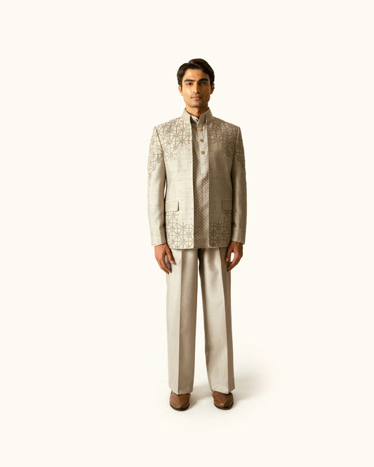 Shadow Gray Embroidered Open Bandhagala in Raw Silk