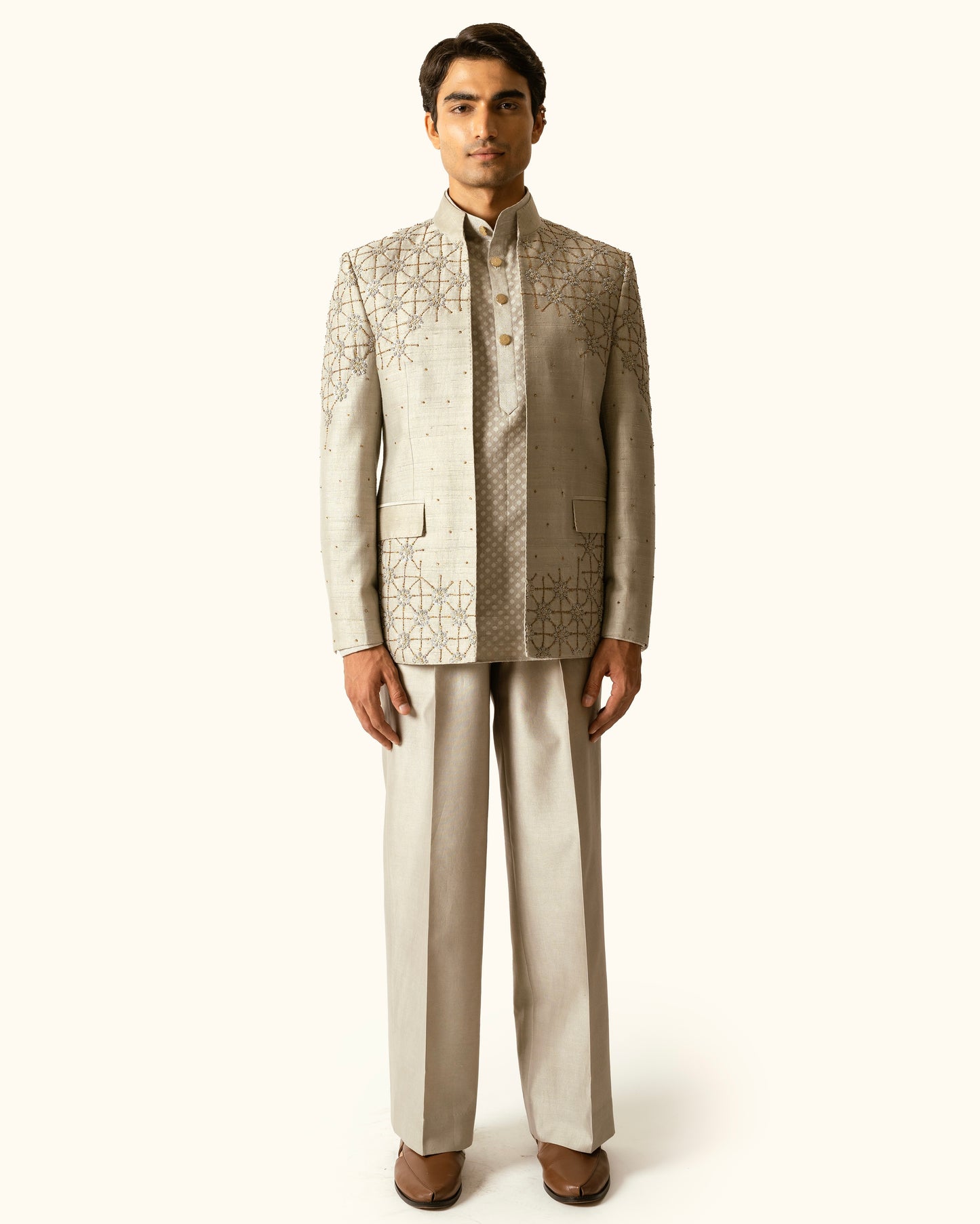 Shadow Gray Embroidered Open Bandhagala in Raw Silk