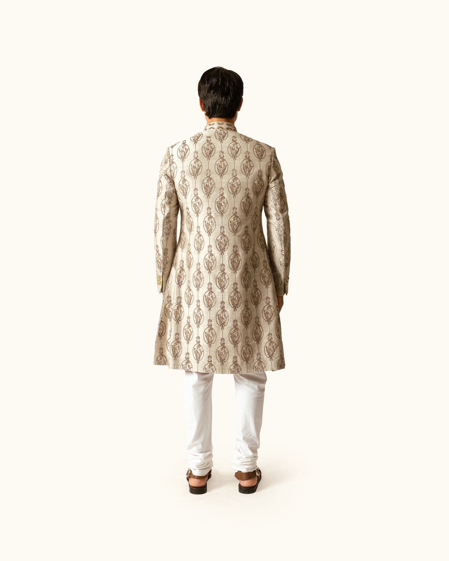 Smoke Grey Achkan in Raw Silk