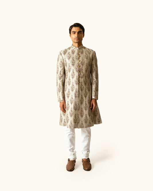 Smoke Grey Achkan in Raw Silk