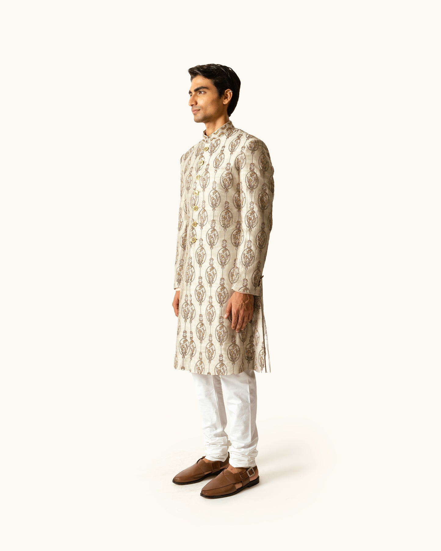 Smoke Grey Achkan in Raw Silk