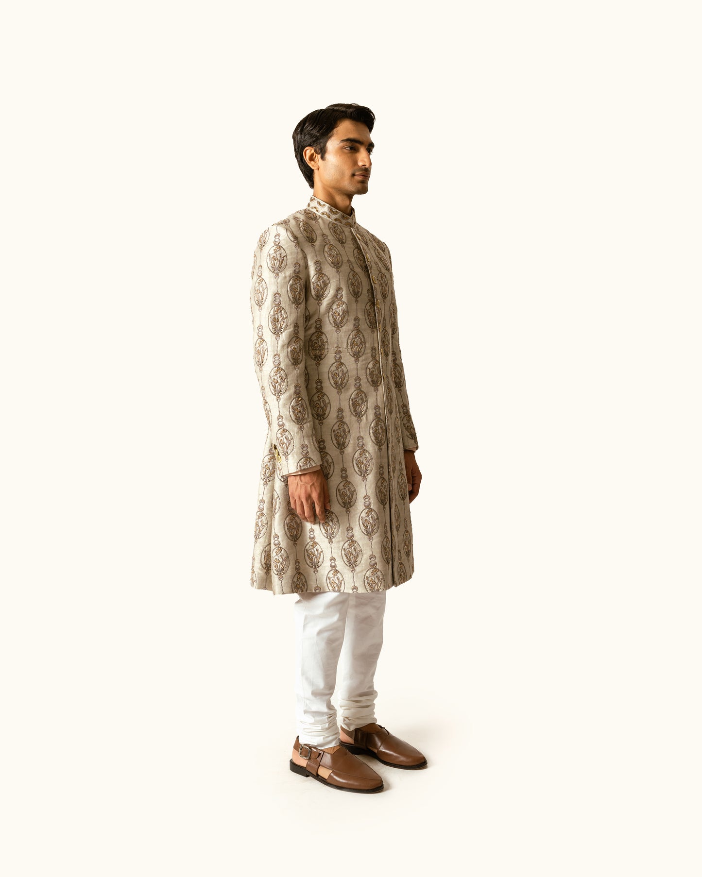 Smoke Grey Achkan in Raw Silk