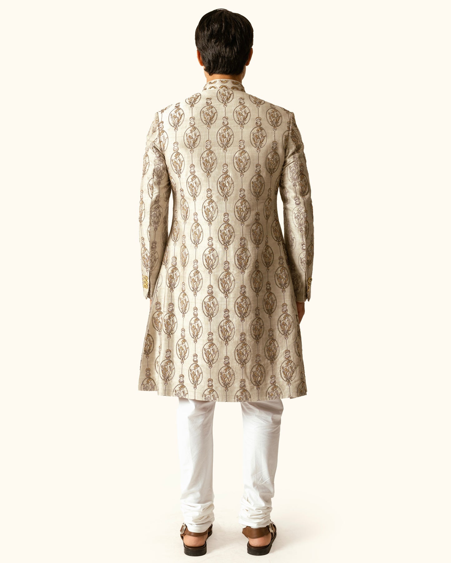 Smoke Grey Achkan in Raw Silk