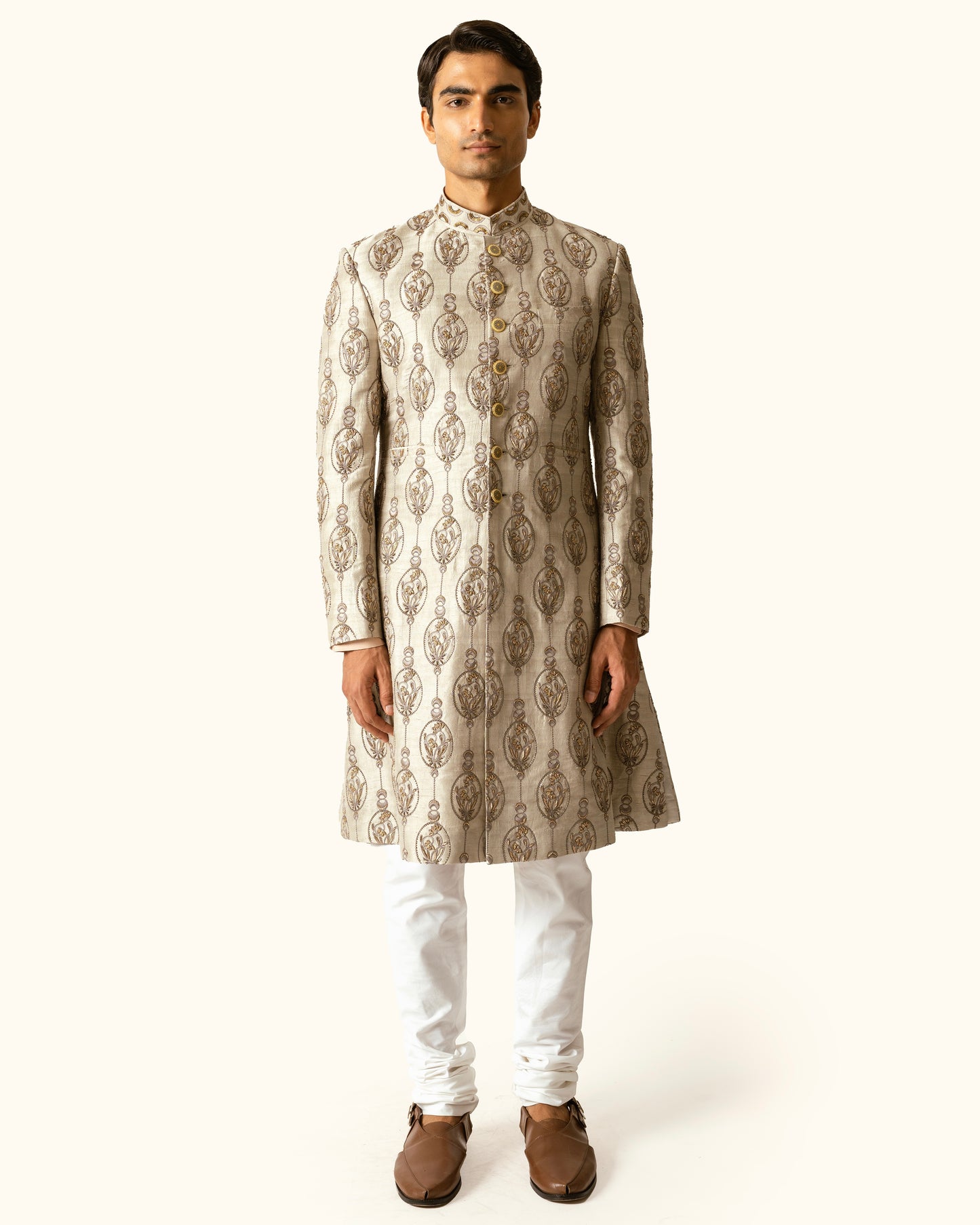 Smoke Grey Achkan in Raw Silk