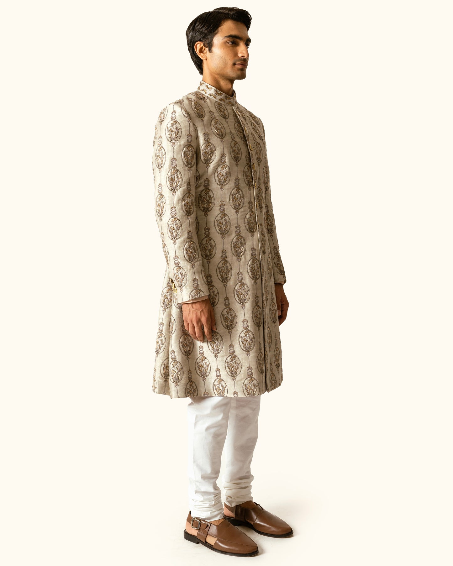 Smoke Grey Achkan in Raw Silk