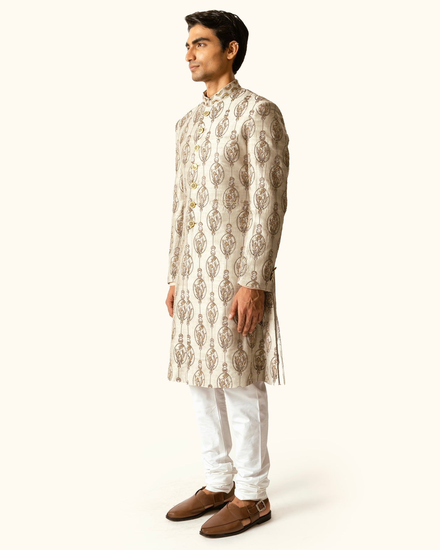 Smoke Grey Achkan in Raw Silk