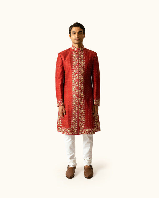 Terracotta Achkan in Raw Silk
