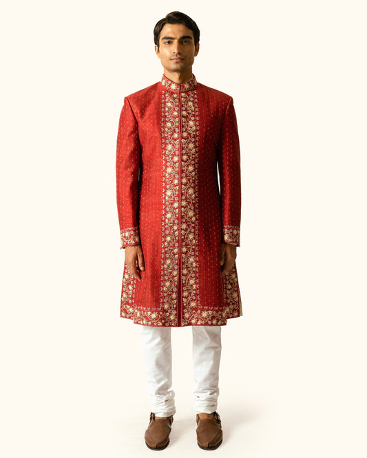 Terracotta Achkan in Raw Silk