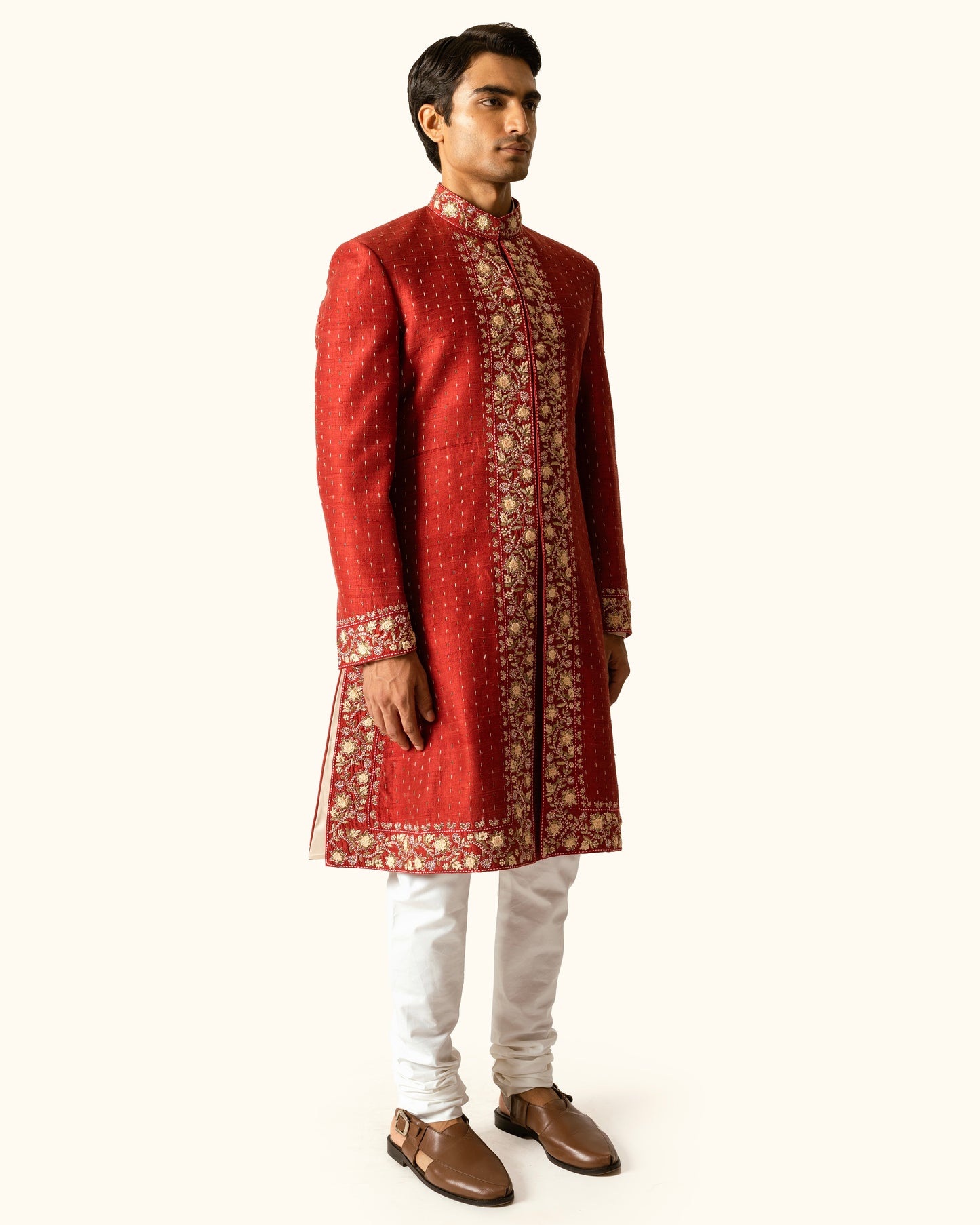 Terracotta Achkan in Raw Silk