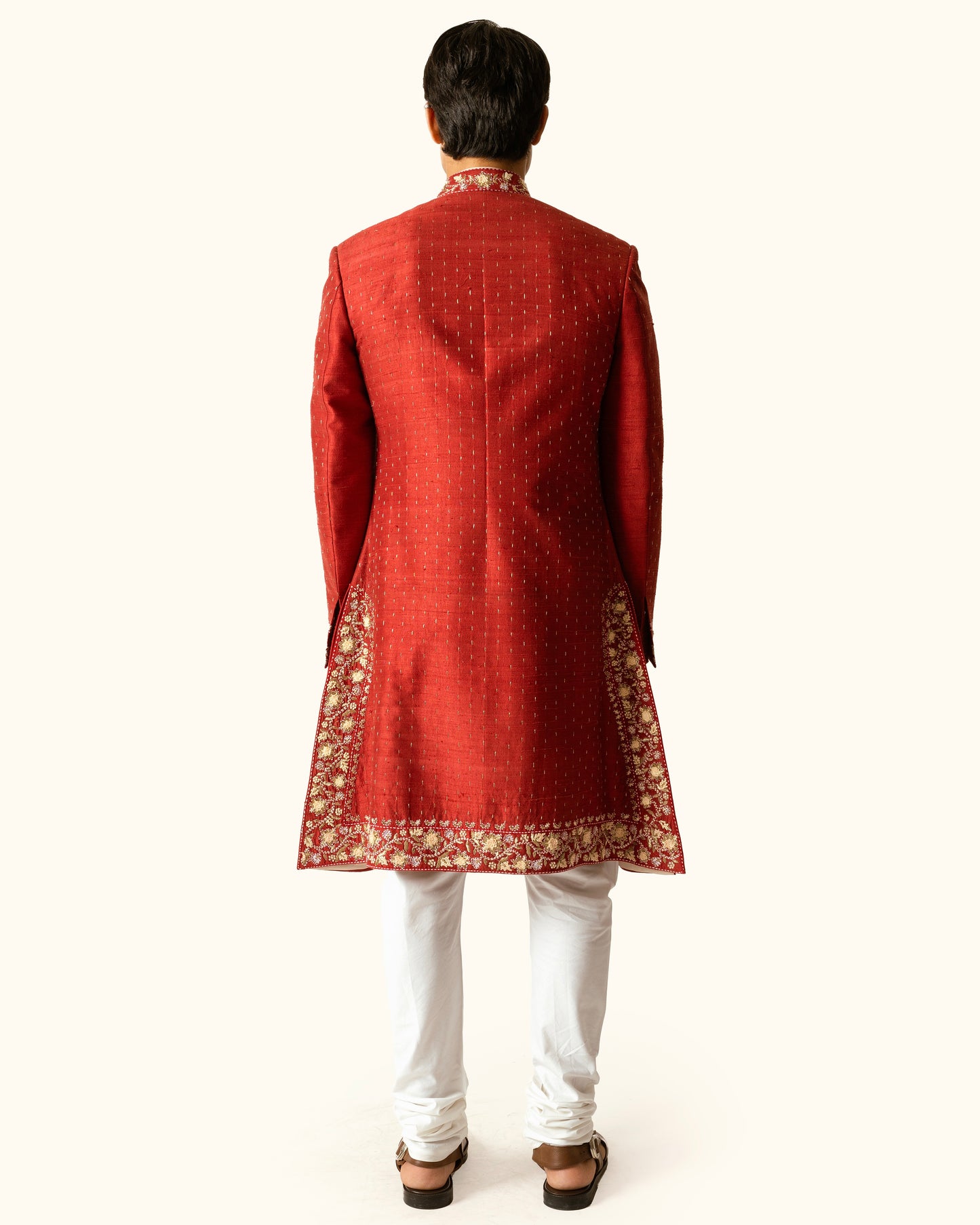 Terracotta Achkan in Raw Silk