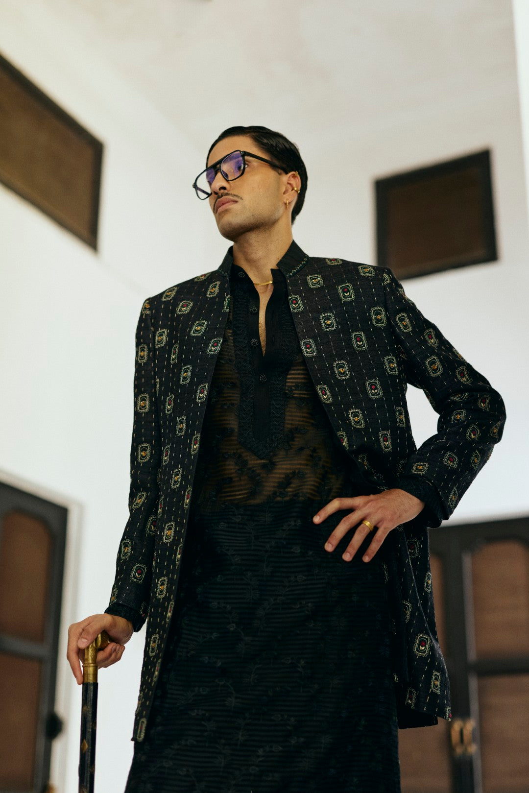 Black Tonal Indo-Western in Raw Silk