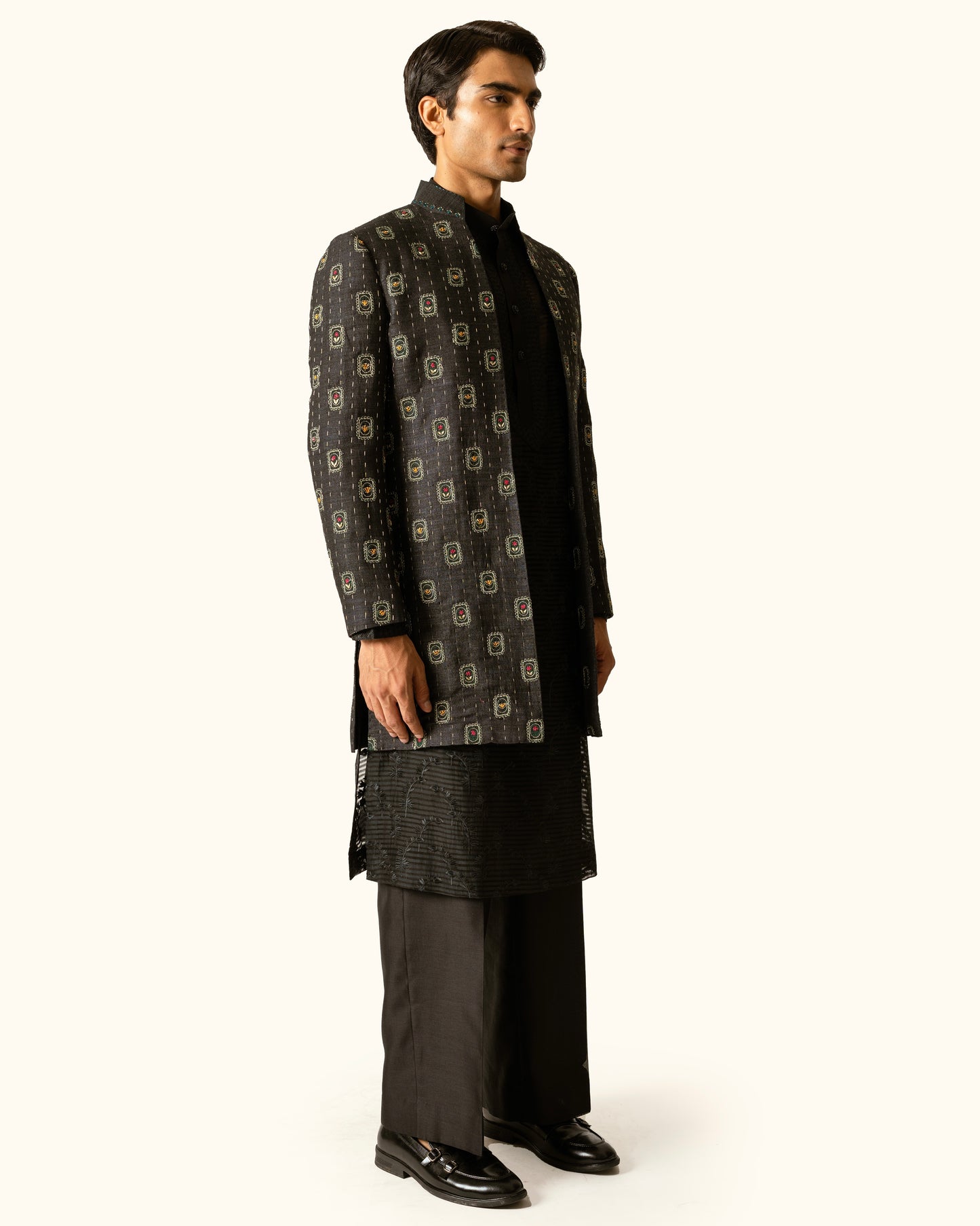 Black Tonal Indo-Western in Raw Silk