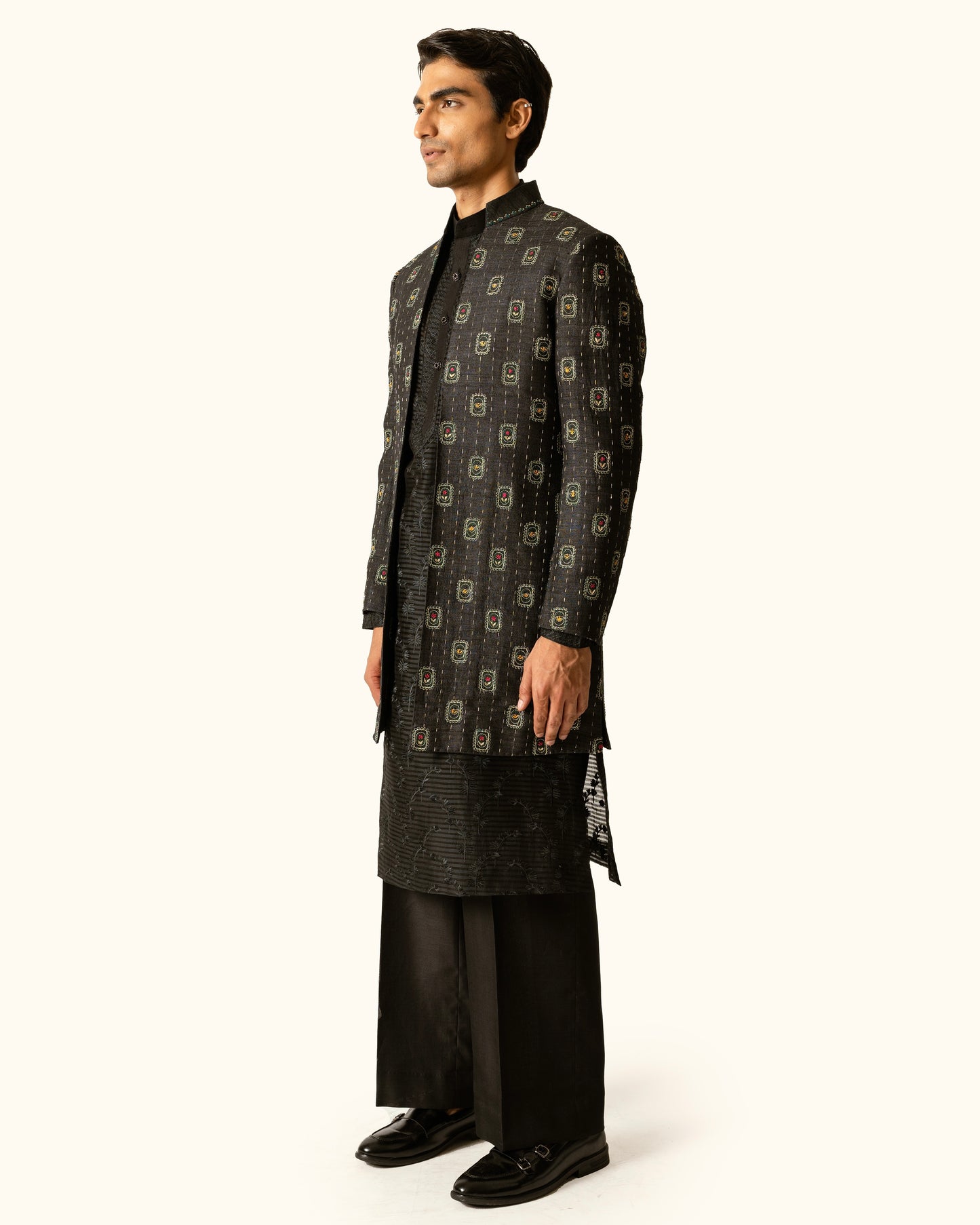 Black Tonal Indo-Western in Raw Silk