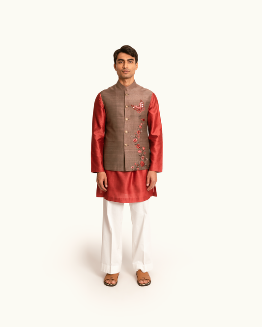 Raw Silk Sadri in Brown with Butterfly Motif