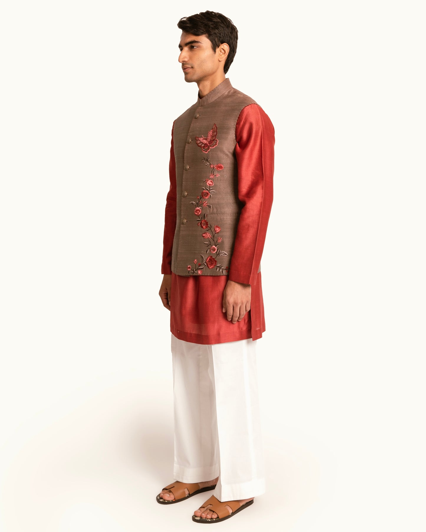 Raw Silk Sadri in Brown with Butterfly Motif