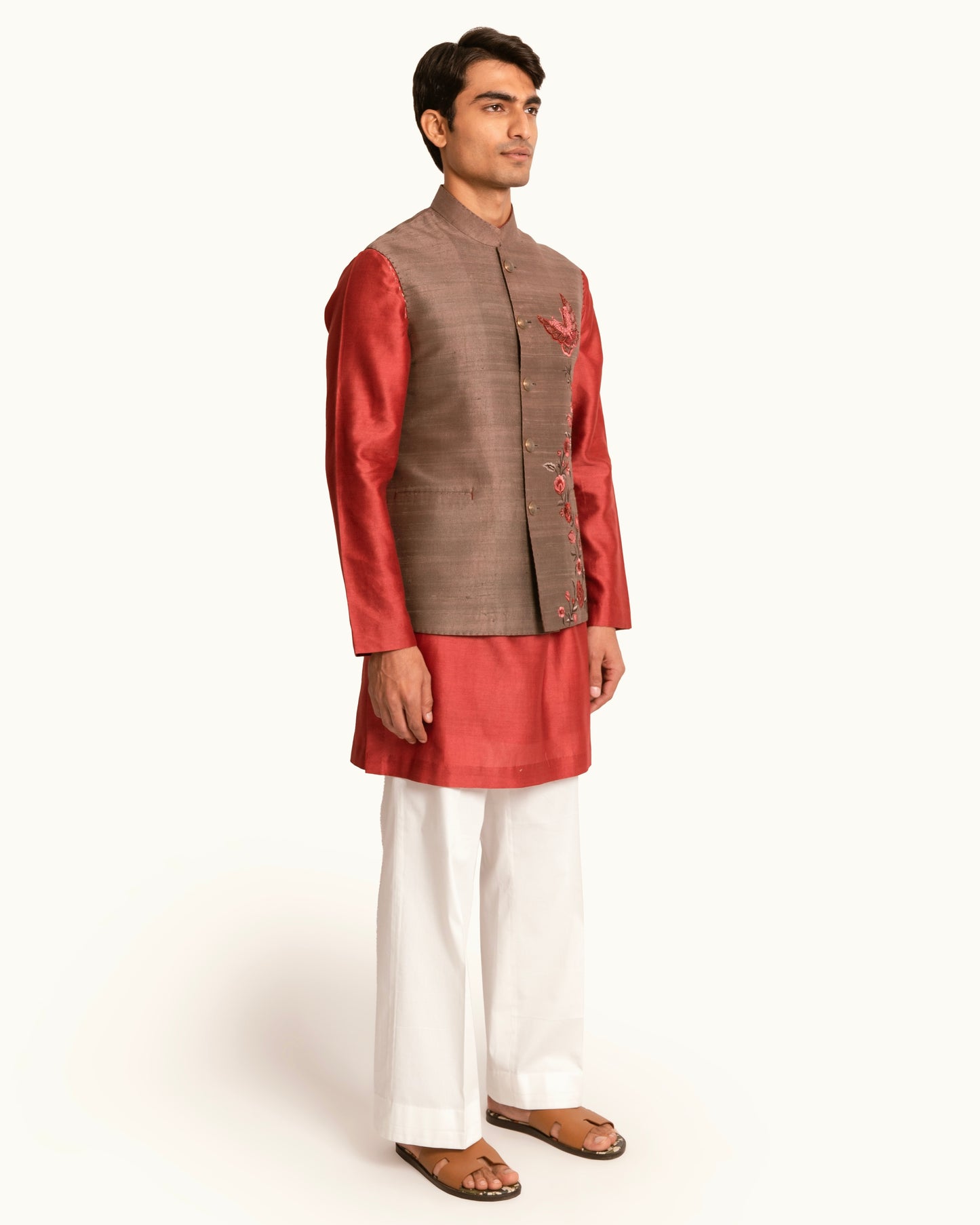 Raw Silk Sadri in Brown with Butterfly Motif