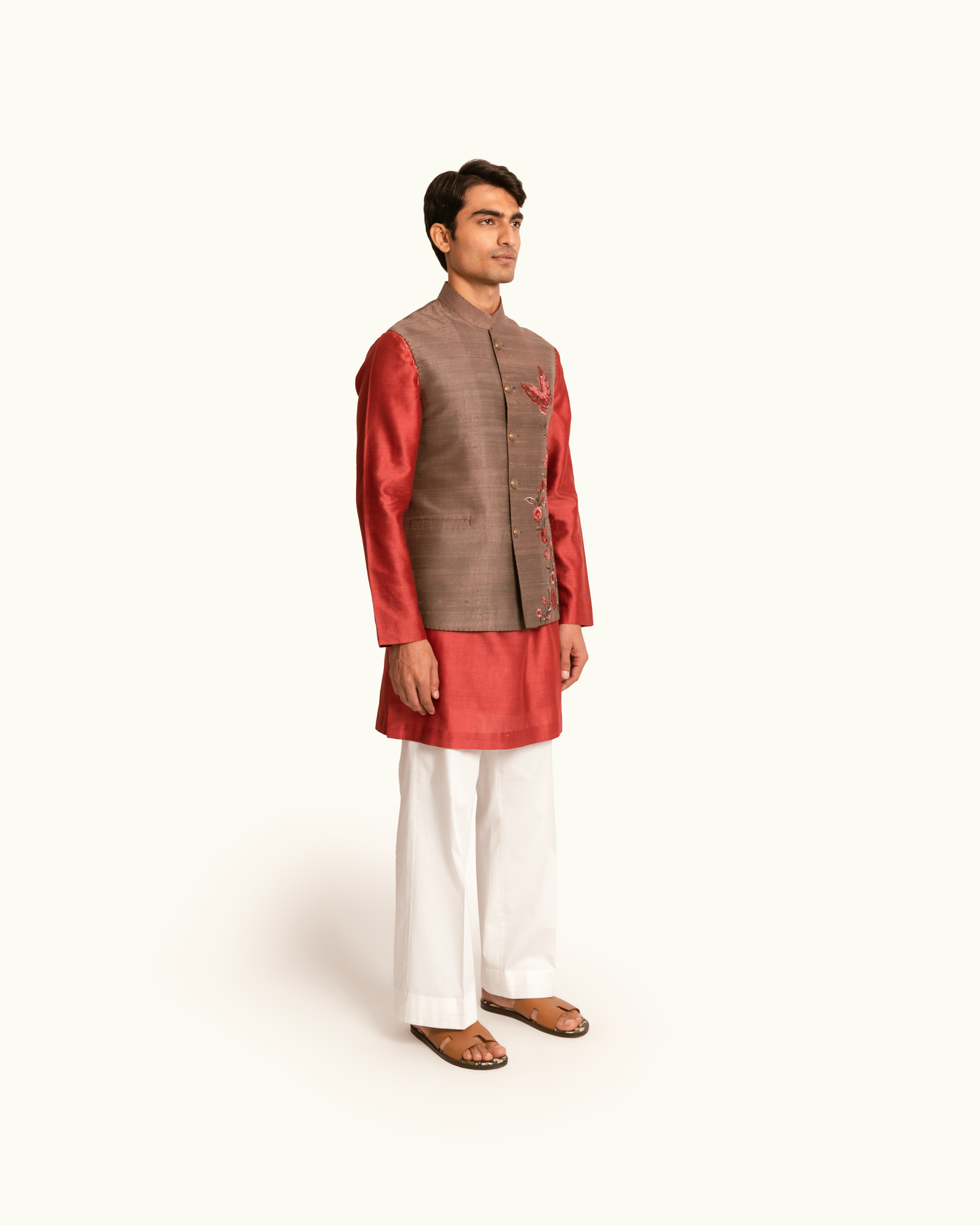 Raw Silk Sadri in Brown with Butterfly Motif