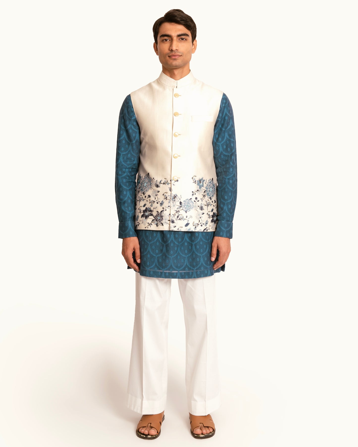 Silk Sadri in Cream with Floral Printed Hem