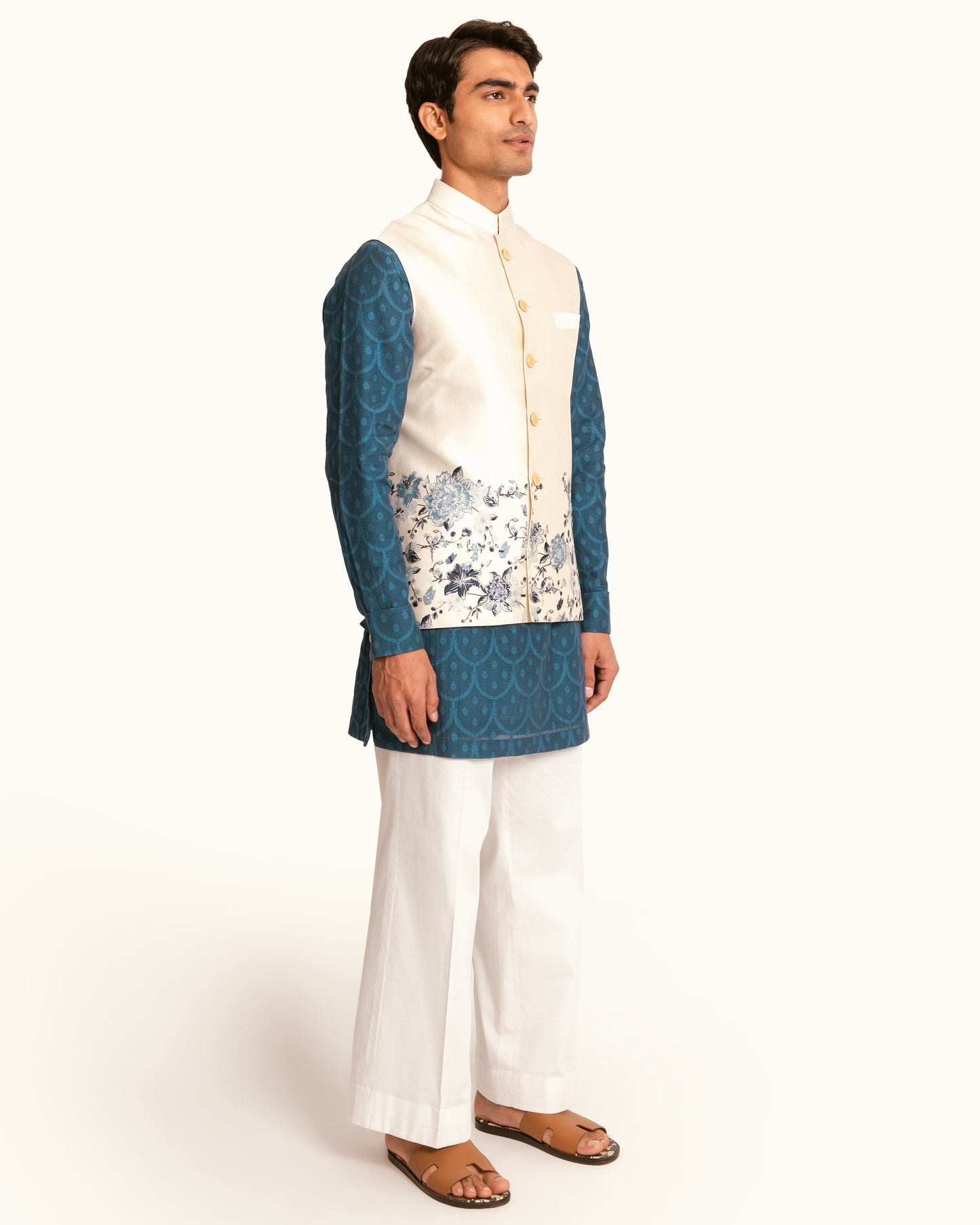 Silk Sadri in Cream with Floral Printed Hem