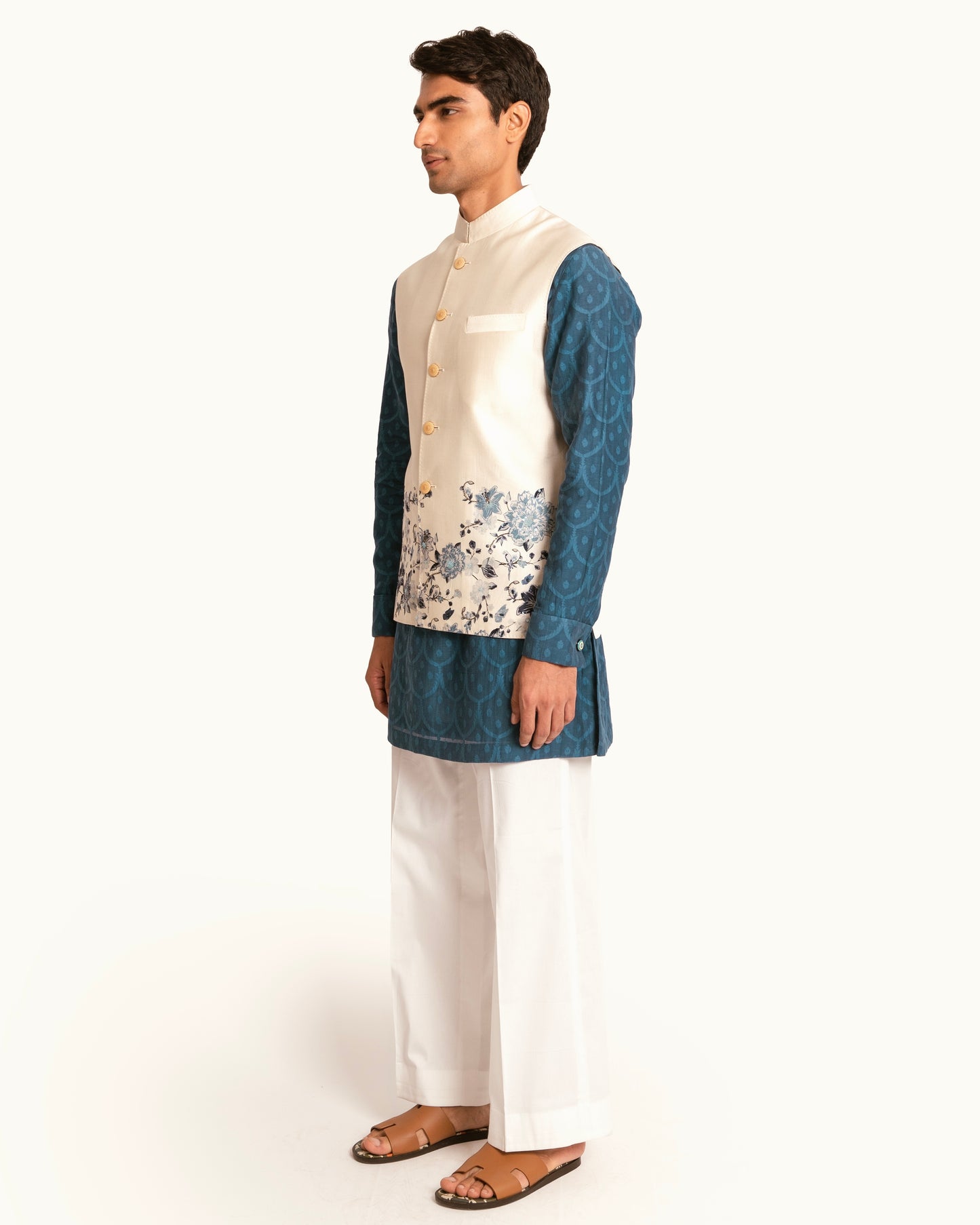 Silk Sadri in Cream with Floral Printed Hem