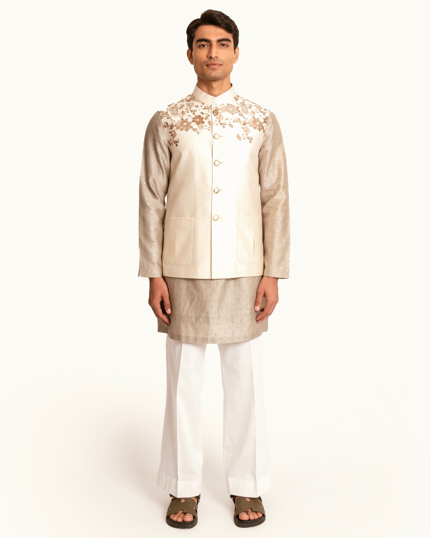 Silk Sadri in Cream with Floral Printed Shoulders