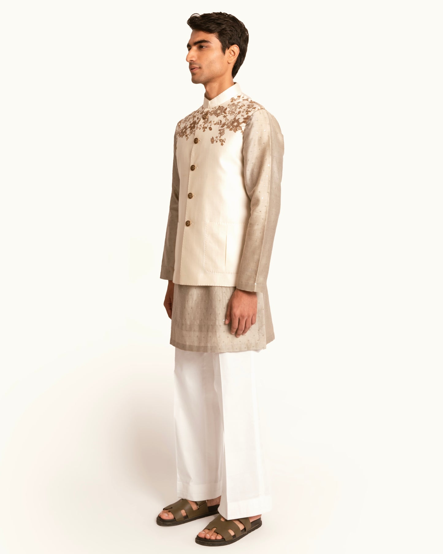 Silk Sadri in Cream with Floral Printed Shoulders