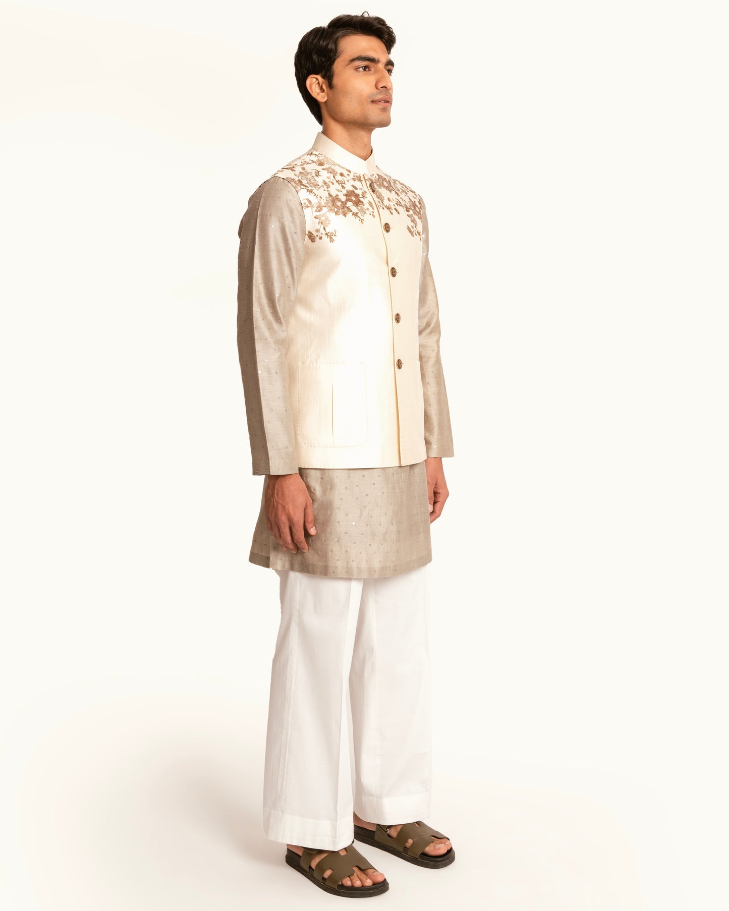 Silk Sadri in Cream with Floral Printed Shoulders