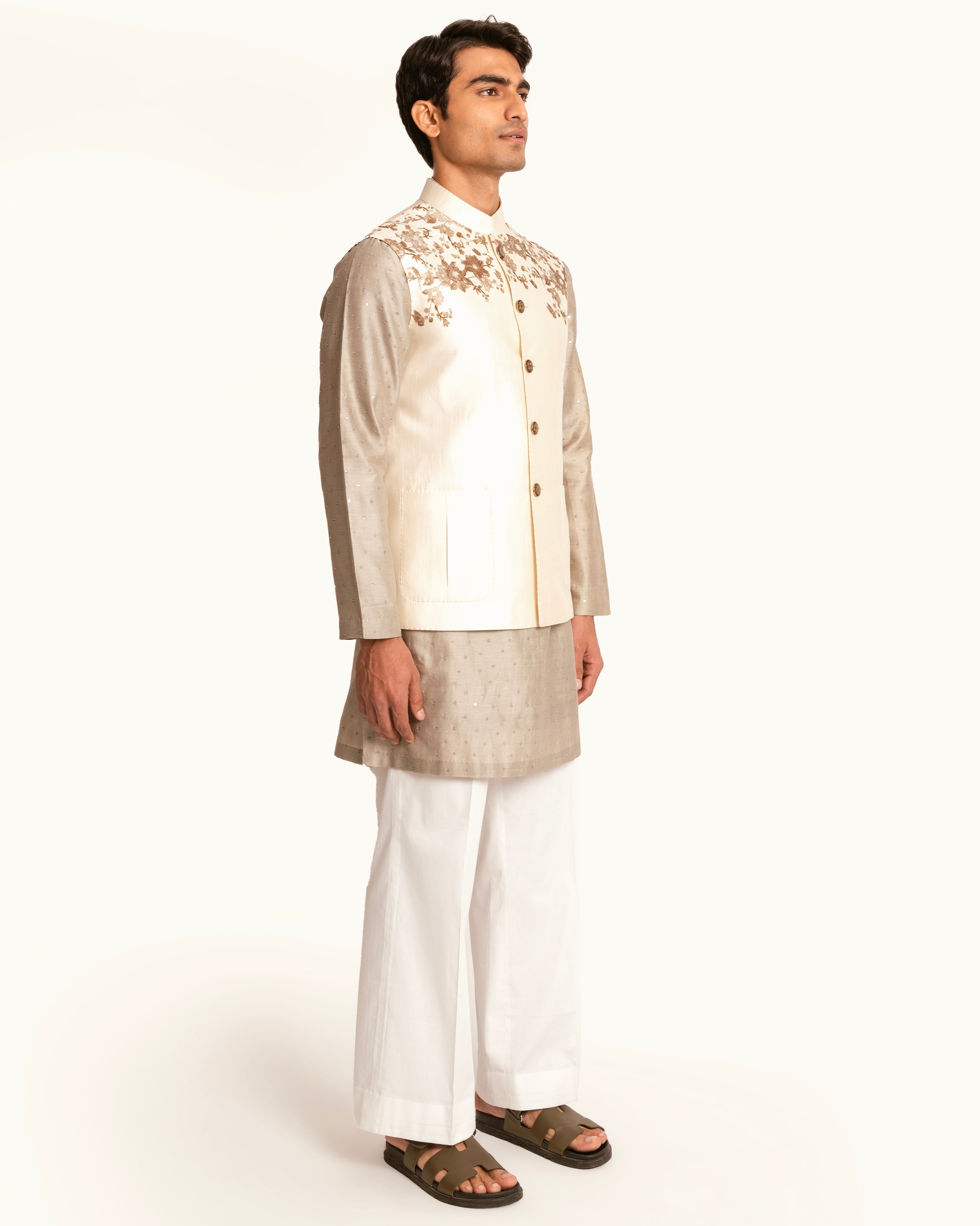 Silk Sadri in Cream with Floral Printed Shoulders