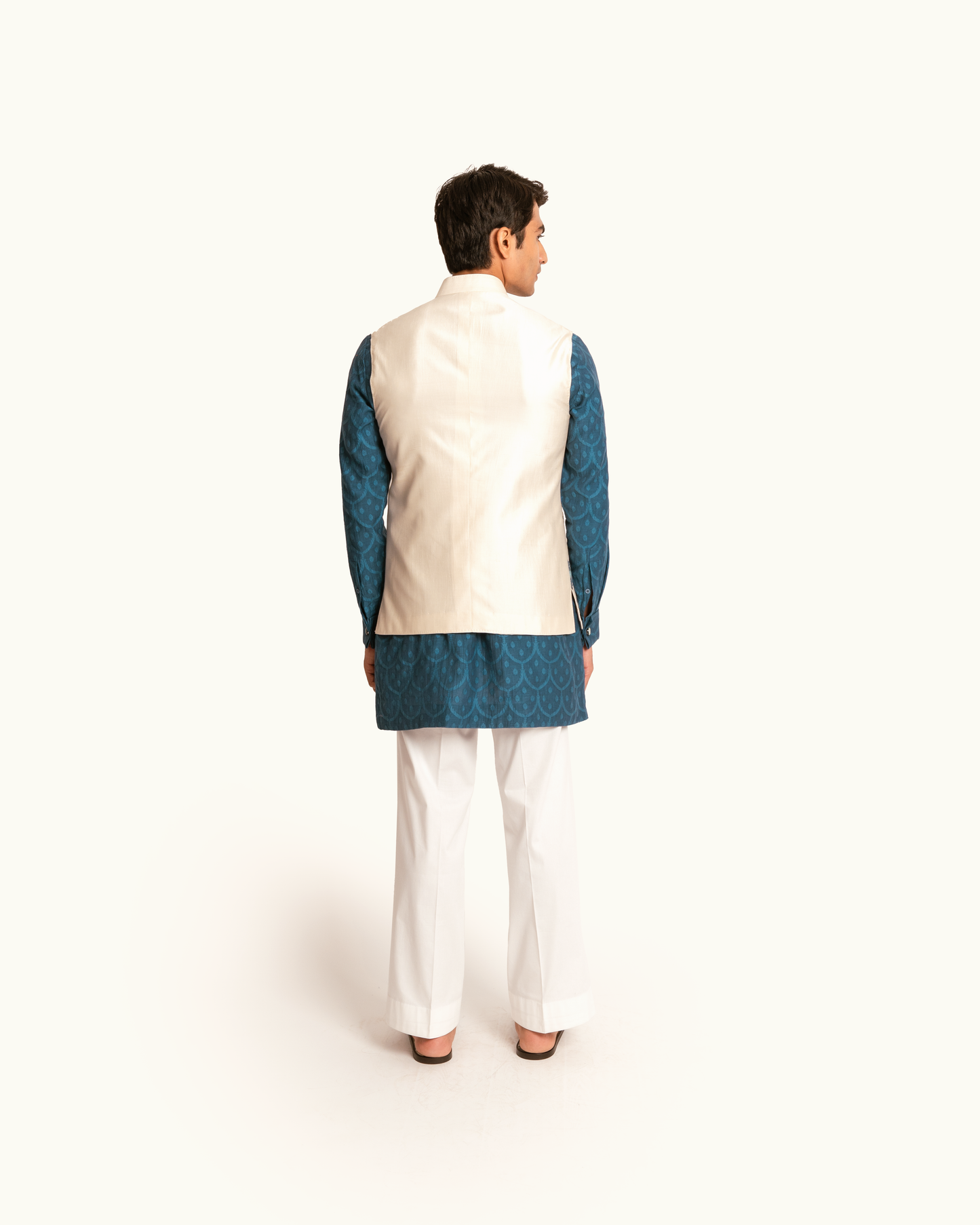 Silk Sadri in Cream with Floral Printed Hem