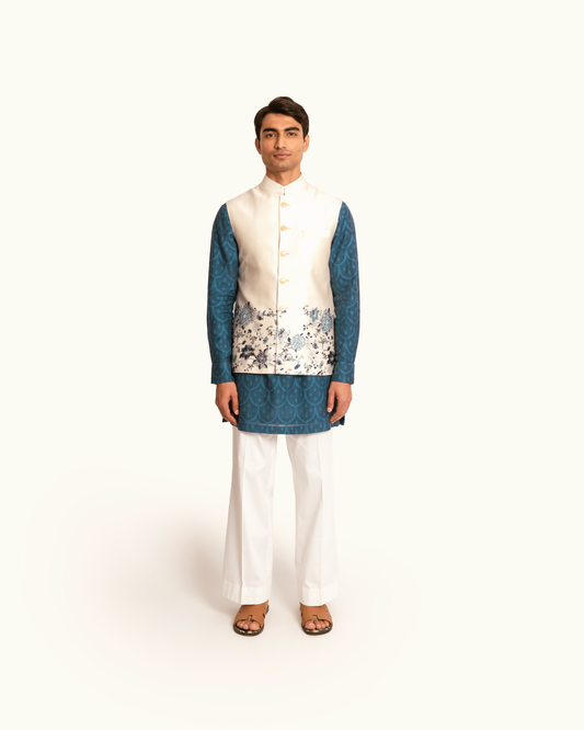 Silk Sadri in Cream with Floral Printed Hem