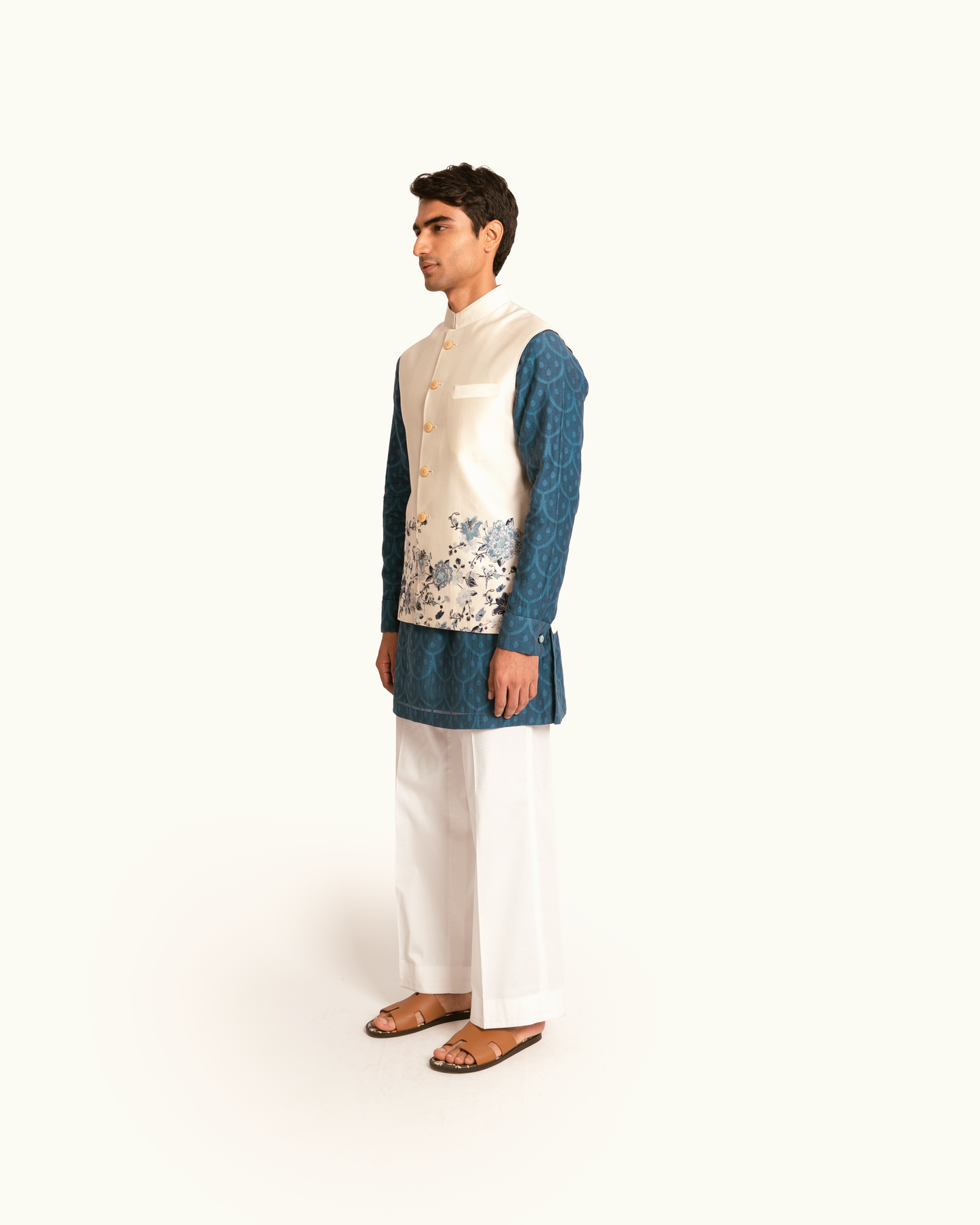Silk Sadri in Cream with Floral Printed Hem