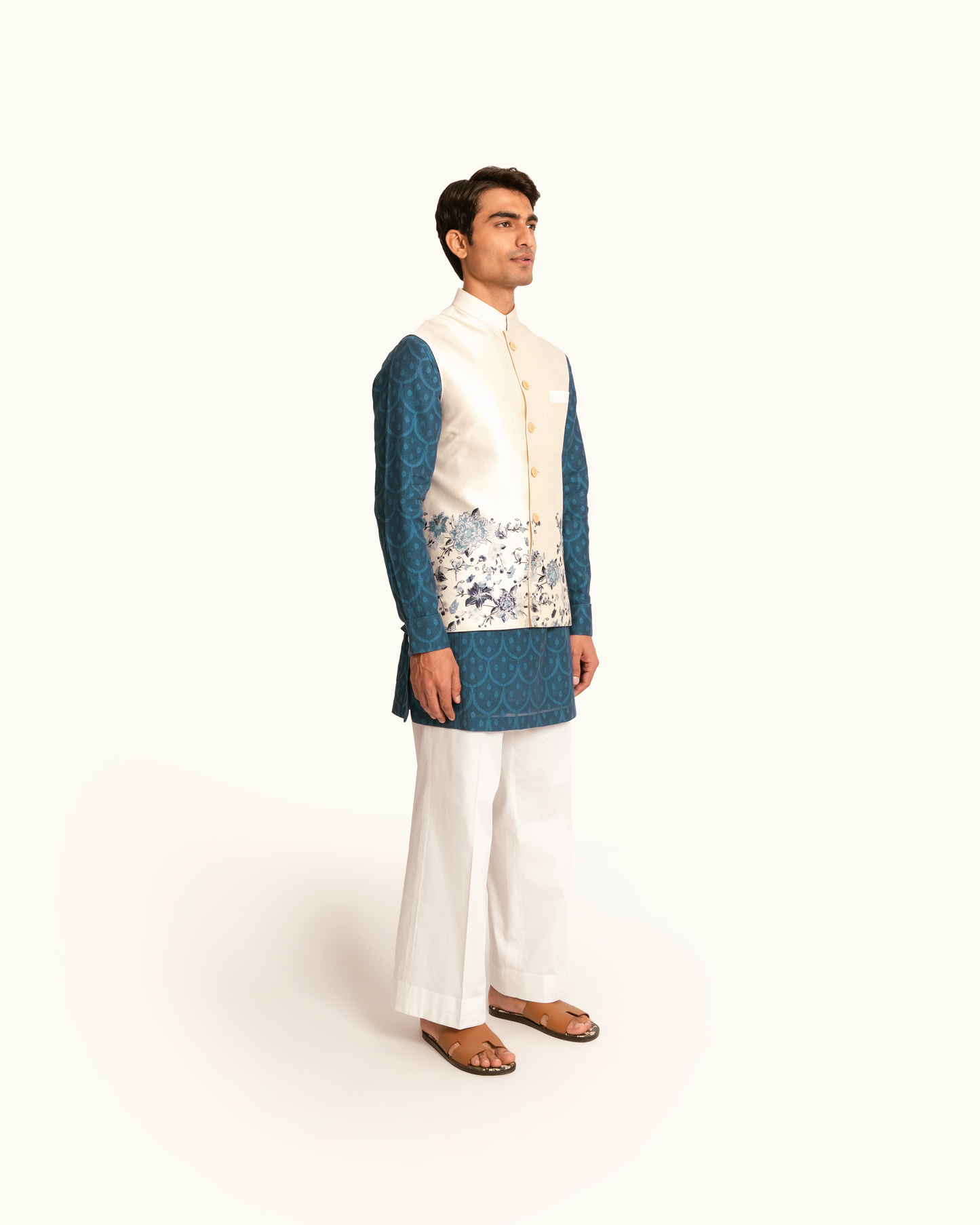 Silk Sadri in Cream with Floral Printed Hem