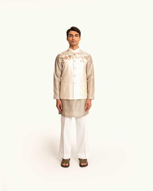 Silk Sadri in Cream with Floral Printed Shoulders