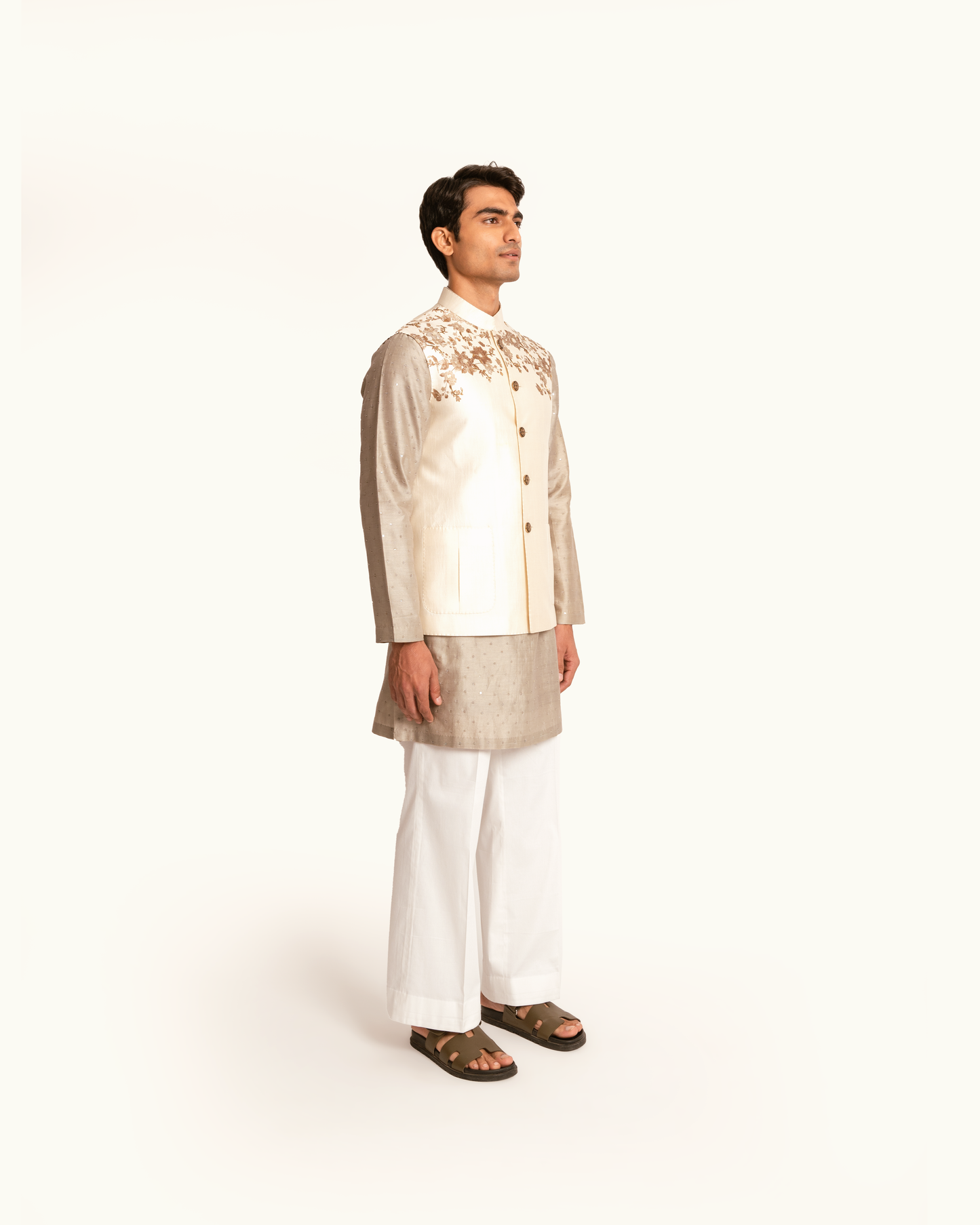 Silk Sadri in Cream with Floral Printed Shoulders