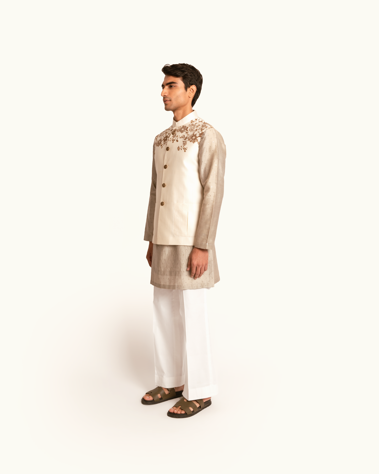 Silk Sadri in Cream with Floral Printed Shoulders