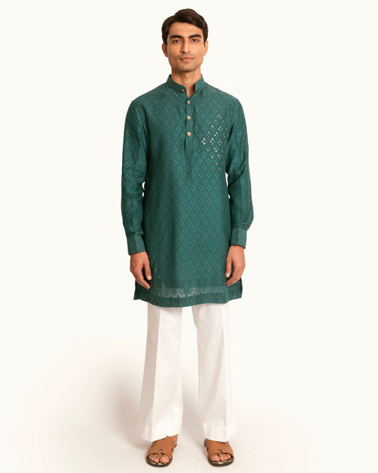Patterned Chanderi Kurta Set in Emerald Green