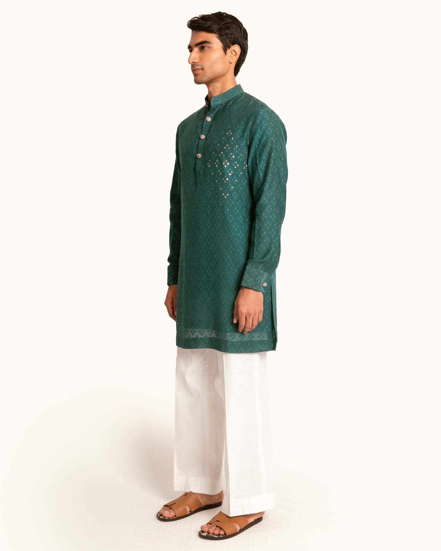 Patterned Chanderi Kurta Set in Emerald Green