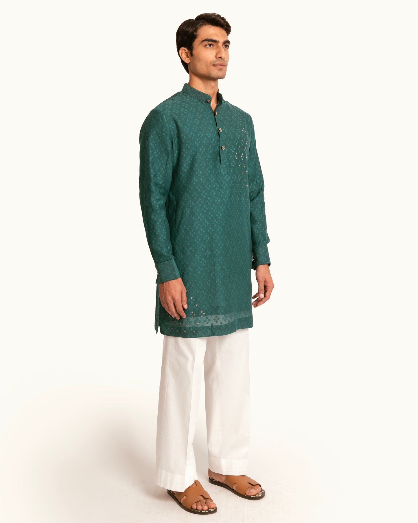 Patterned Chanderi Kurta Set in Emerald Green