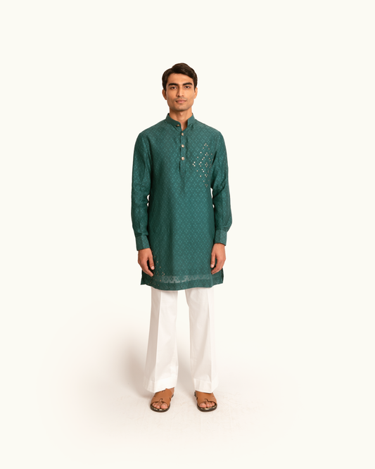 Patterned Chanderi Kurta Set in Emerald Green