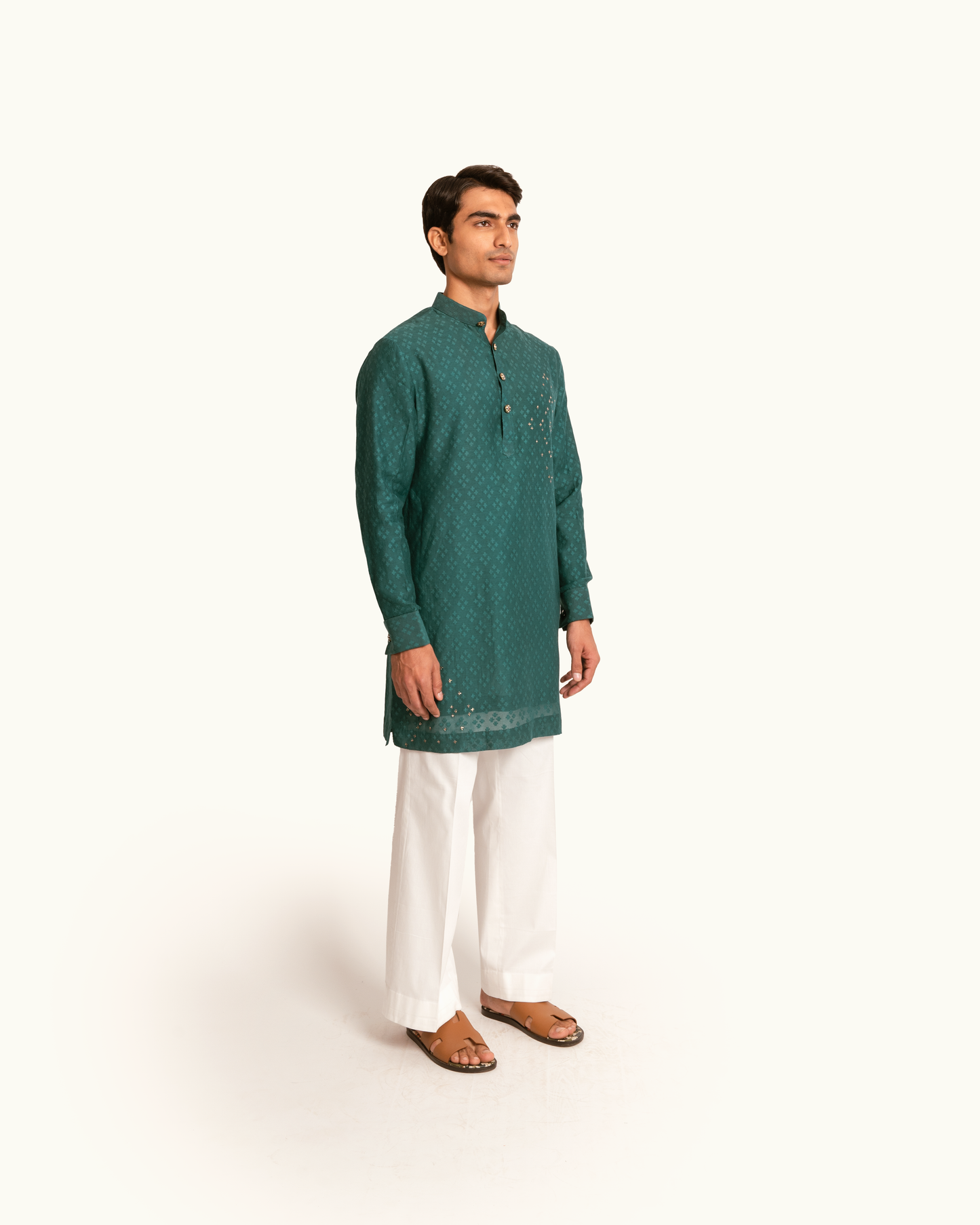 Patterned Chanderi Kurta Set in Emerald Green