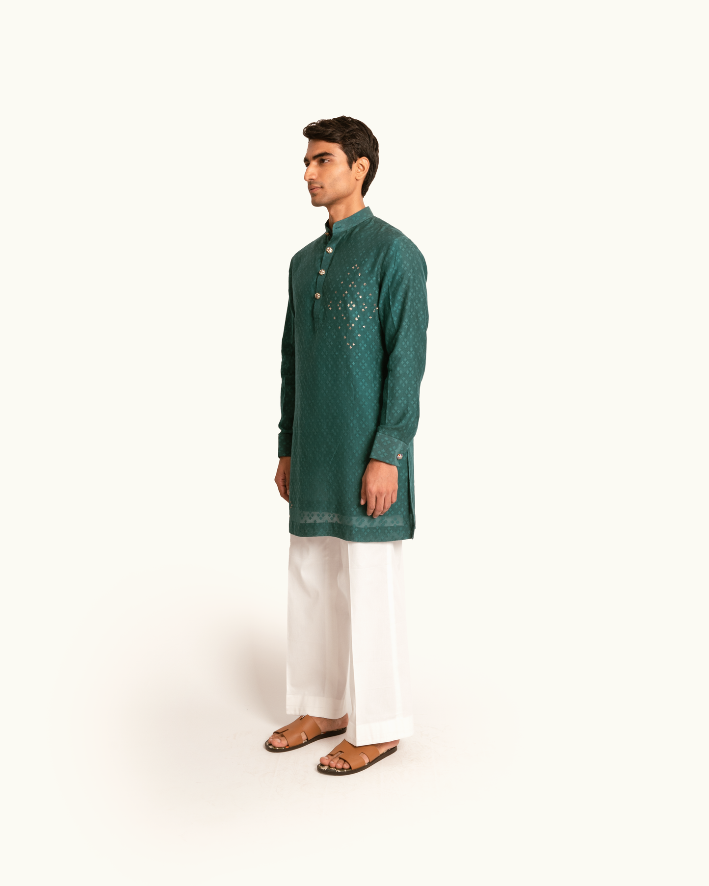 Patterned Chanderi Kurta Set in Emerald Green