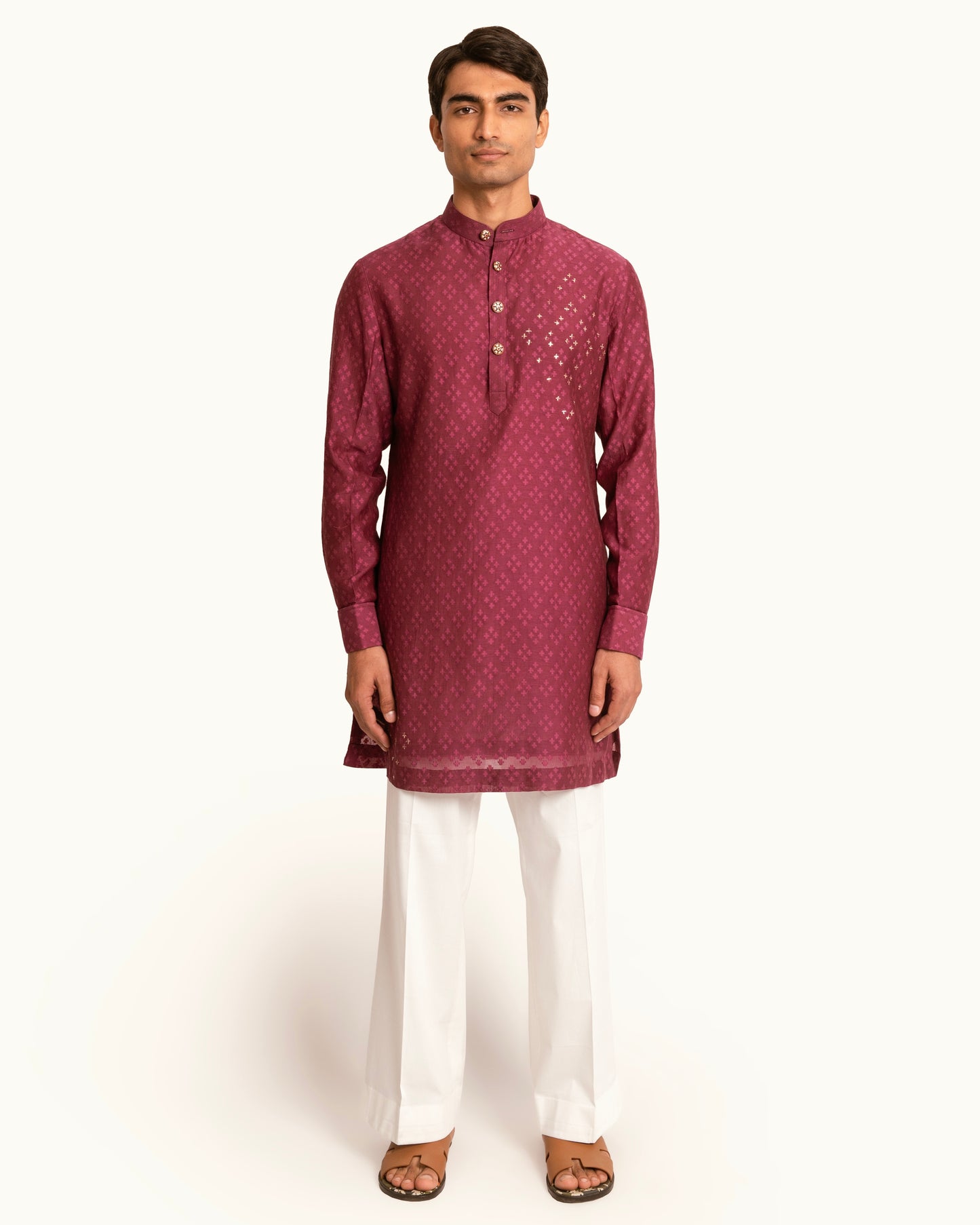 Patterned Chanderi Kurta Set in Berry