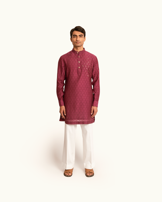 Patterned Chanderi Kurta Set in Berry