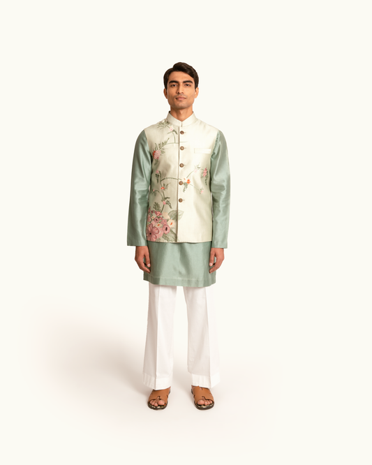 Floral Printed Sage Green Sadri in Silk