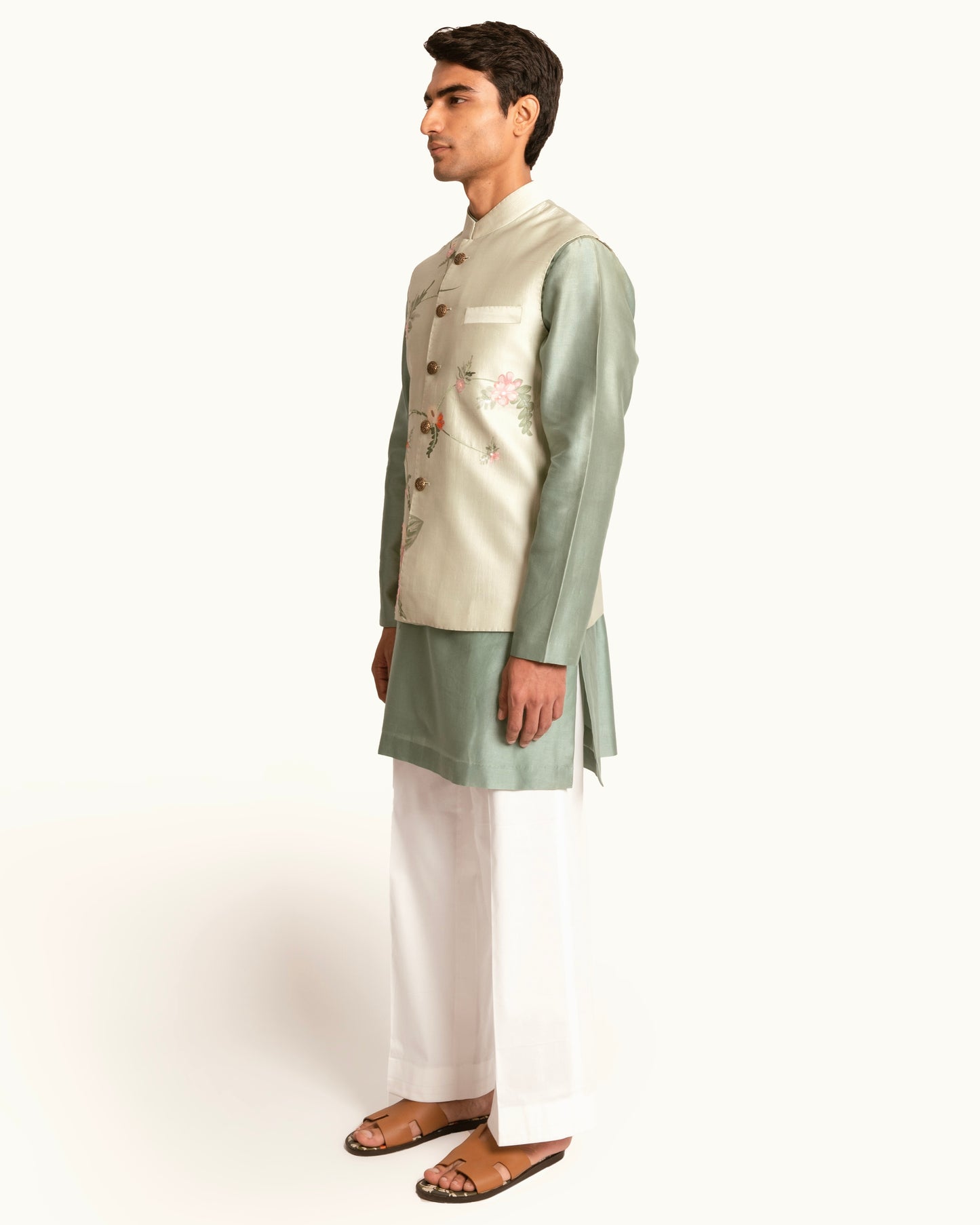 Floral Printed Sage Green Sadri in Silk