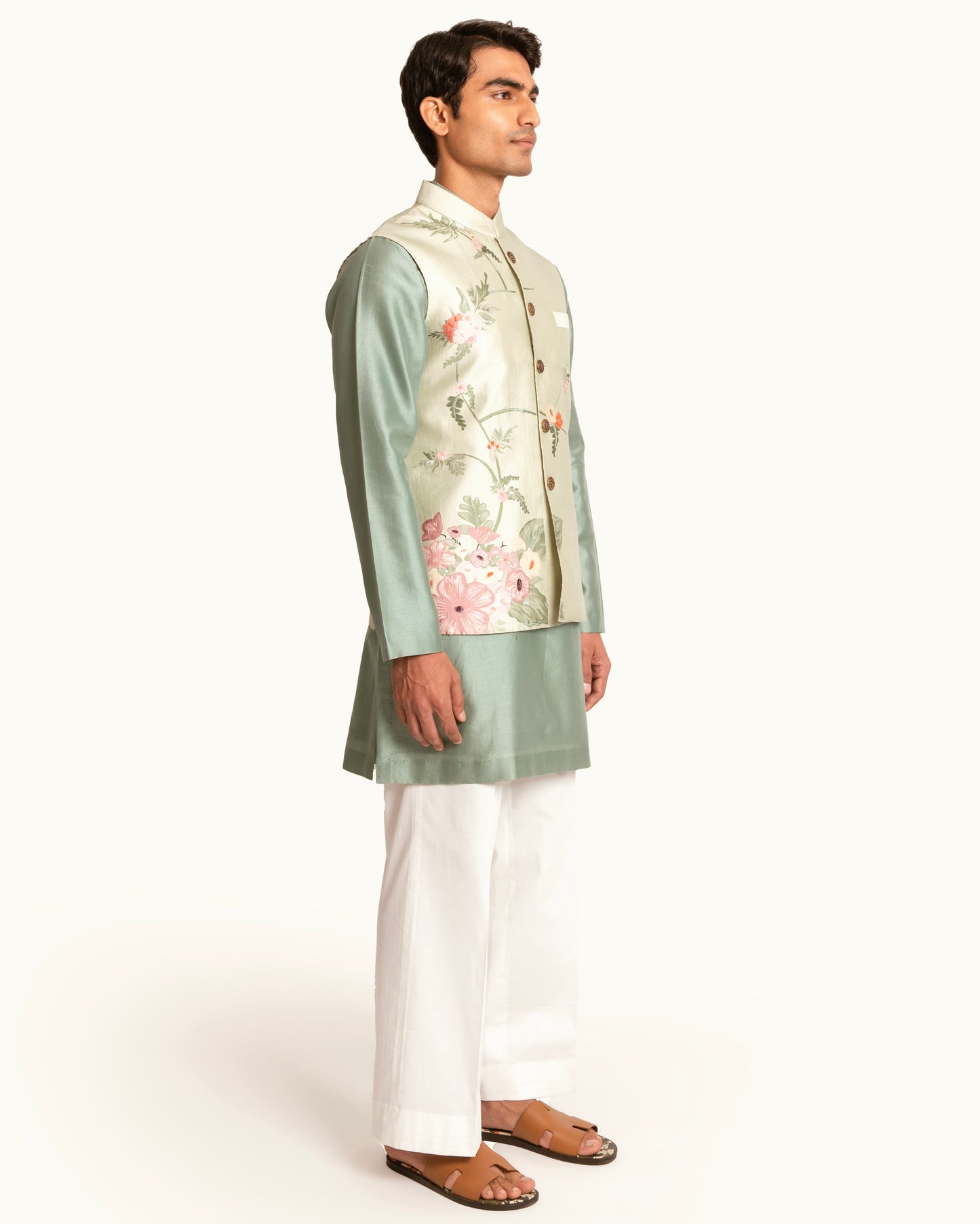 Floral Printed Sage Green Sadri in Silk