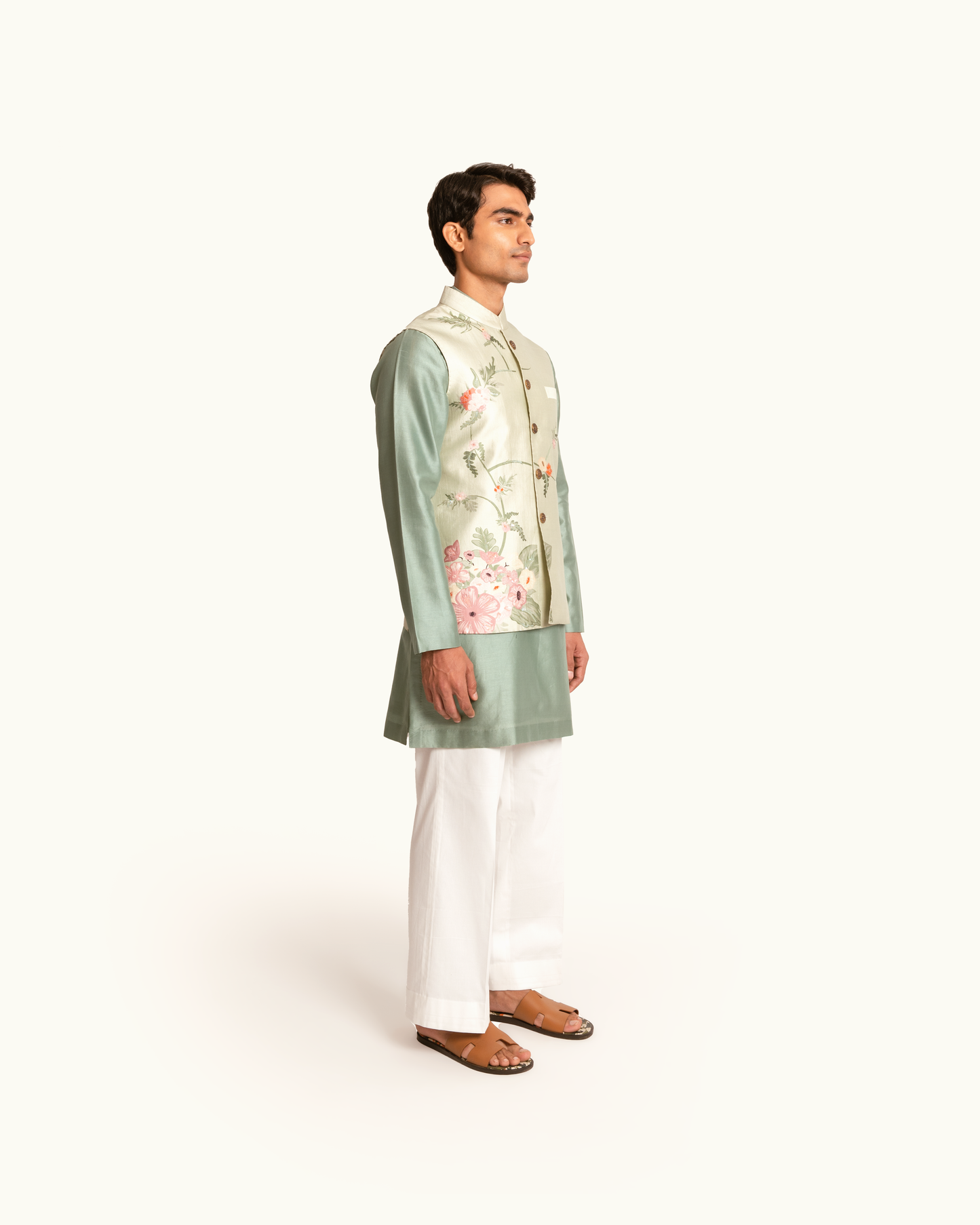 Floral Printed Sage Green Sadri in Silk