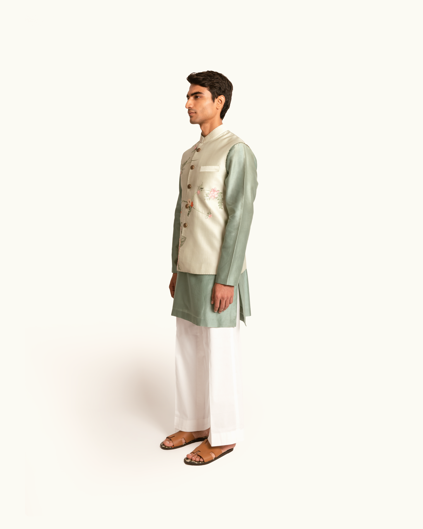 Floral Printed Sage Green Sadri in Silk